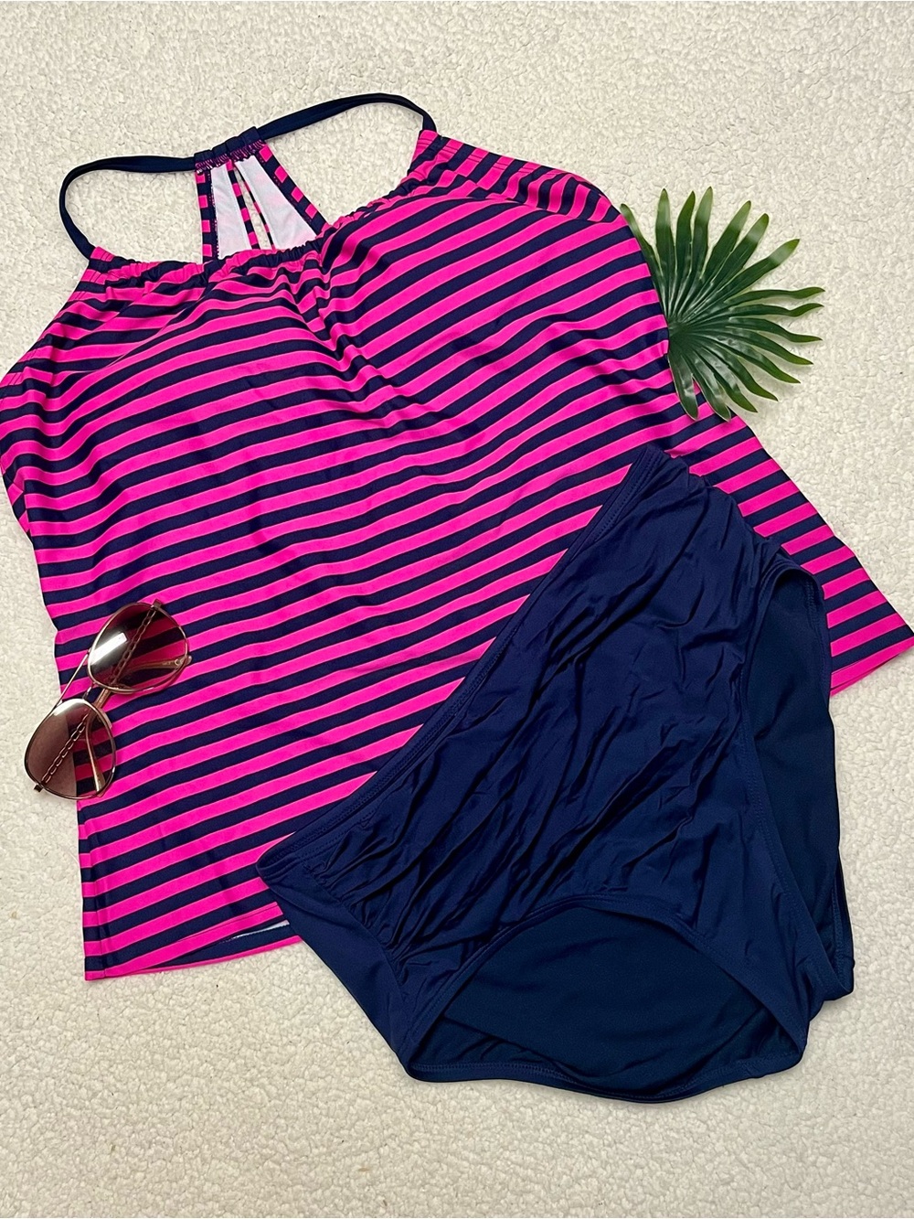 Merona Hot Pink & Navy Striped Halter Tankini Top with Navy Bottoms